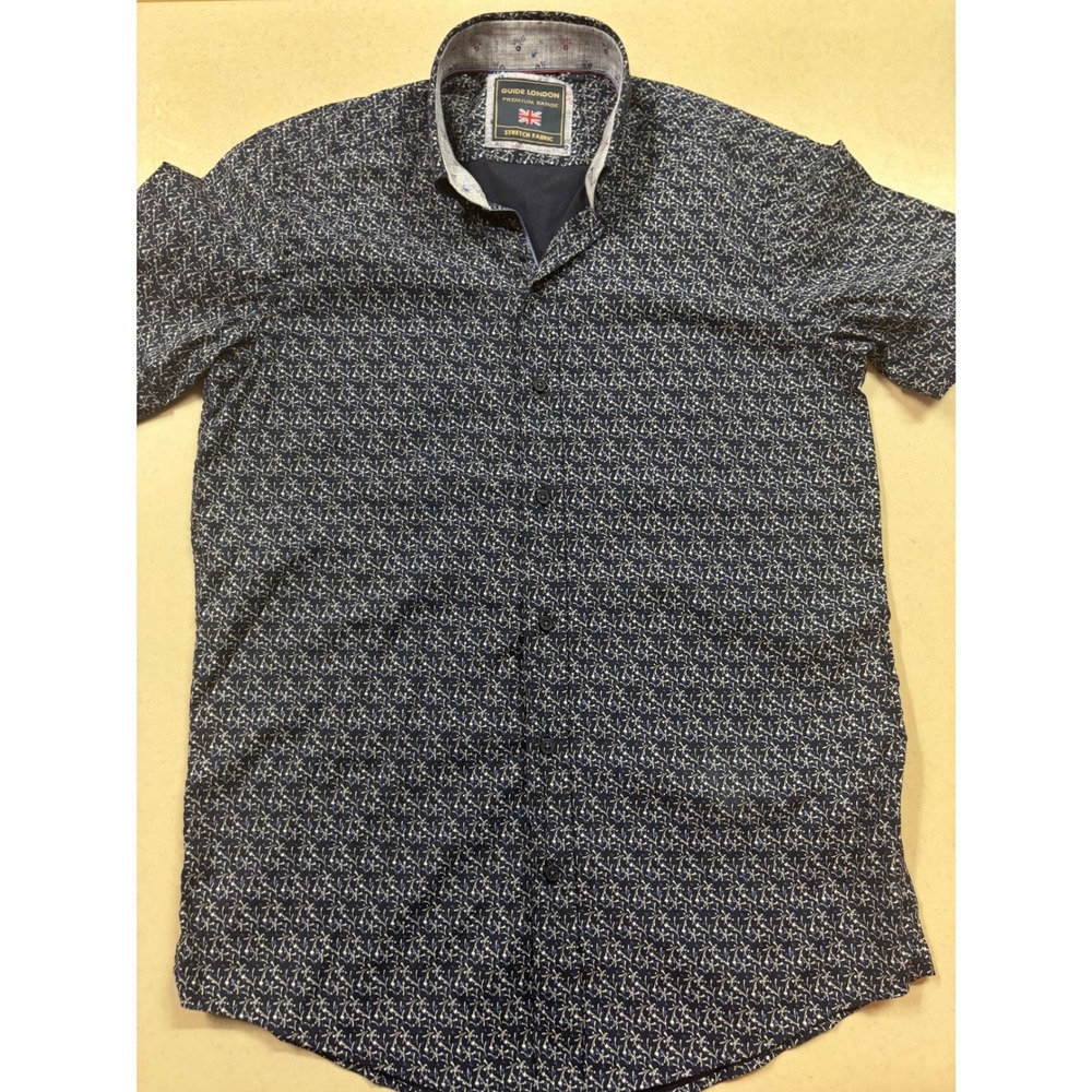 Guide London Mens Navy Blue Floral Stretch Short Sleeve Button Down Shirt Small